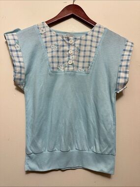 Light Blue Cotton Blend Top with Gingham Yoke